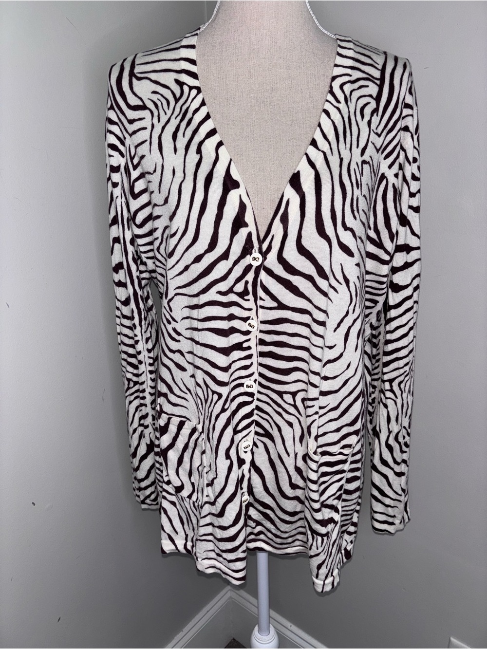 J. McLaughlin cream & brown zebra animal print long cardigan sweater size XL